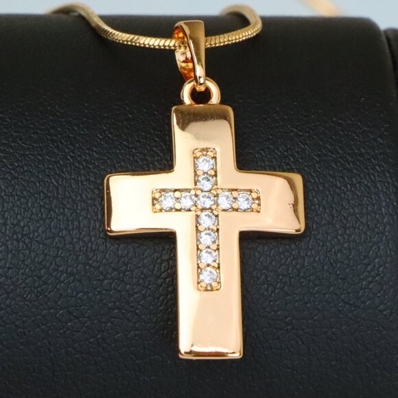 "Rose Gold Cross Pendant with Inset CZ Accents in Glossy Finish, XPPT1847 - Picture 1 of 13